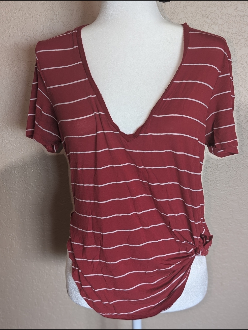Volcom Red Striped V-Neck Side Knot Tee